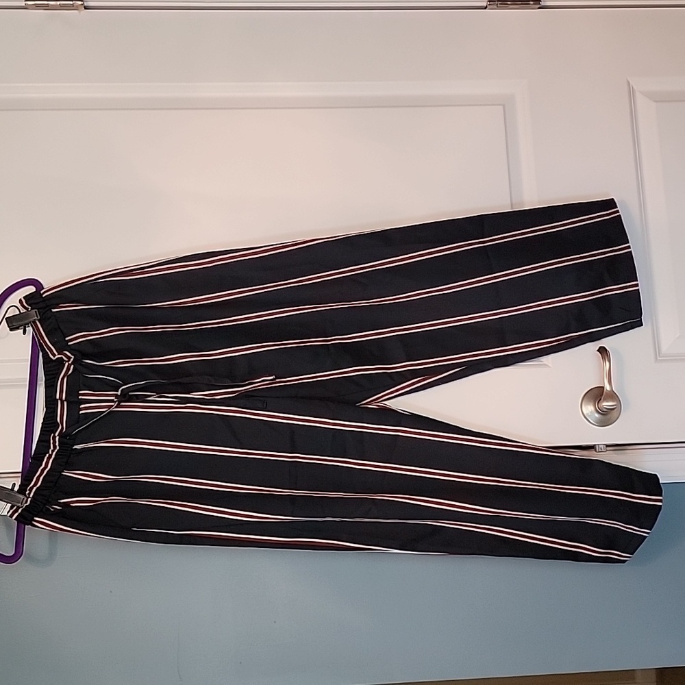 Ladies Full Leg Navy/Burgundy stripe crop pants by Light Before Dark